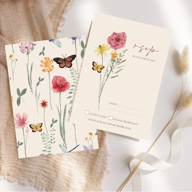 Réponse de mariage fantaisiste Fleur sauvage jaune (Pink Yellow Wildflower Whimsical Wedding RSVP Card)