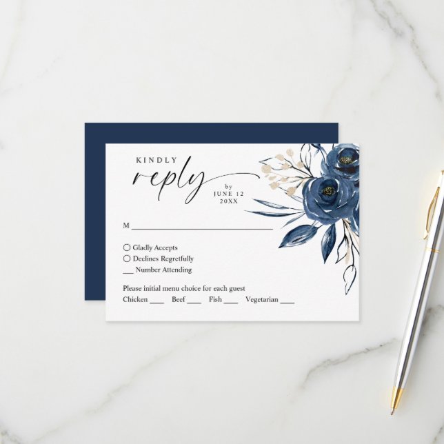 Réponse de mariage floral bleu marine aquarelle RS (Devant/Arrière en situation)
