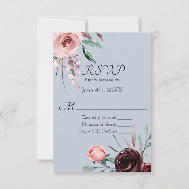 Réponse de mariage floral bordeaux et bleu poussié (Devant)