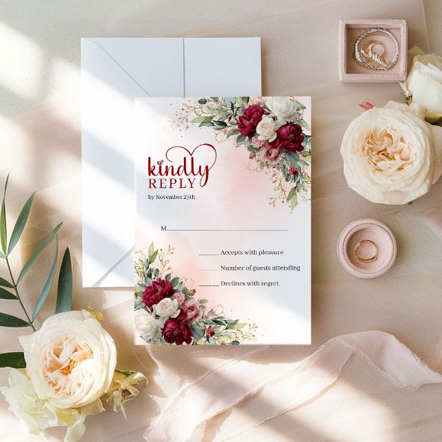 Réponse de mariage floral doré bohème intemporel B (Timeless Bohemian Burgundy Gold Floral Wedding RSVP)