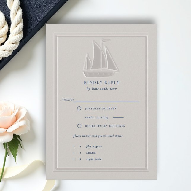 Réponse de mariage formel en voilier côtier nautiq (coastal wedding rsvp card formal traditional double frame modern classic ivory sailboat yacht)