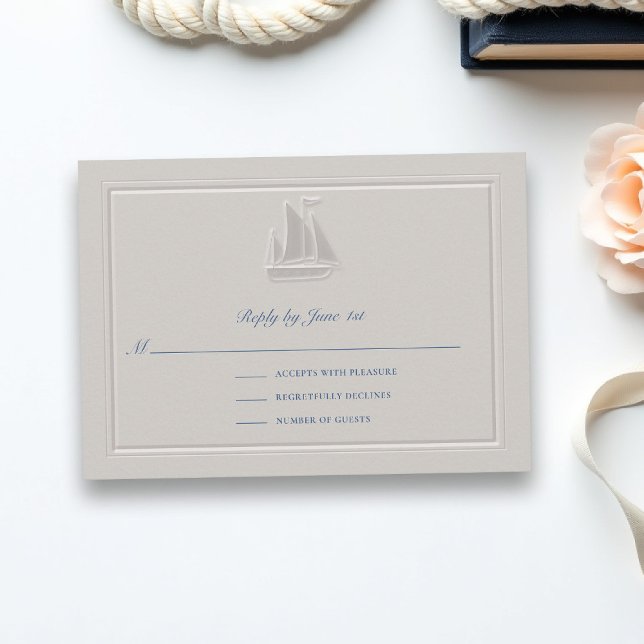 Réponse de mariage formelle classique de voilier c (coastal wedding rsvp sail boat formal traditional double frame modern classic faux embossed)