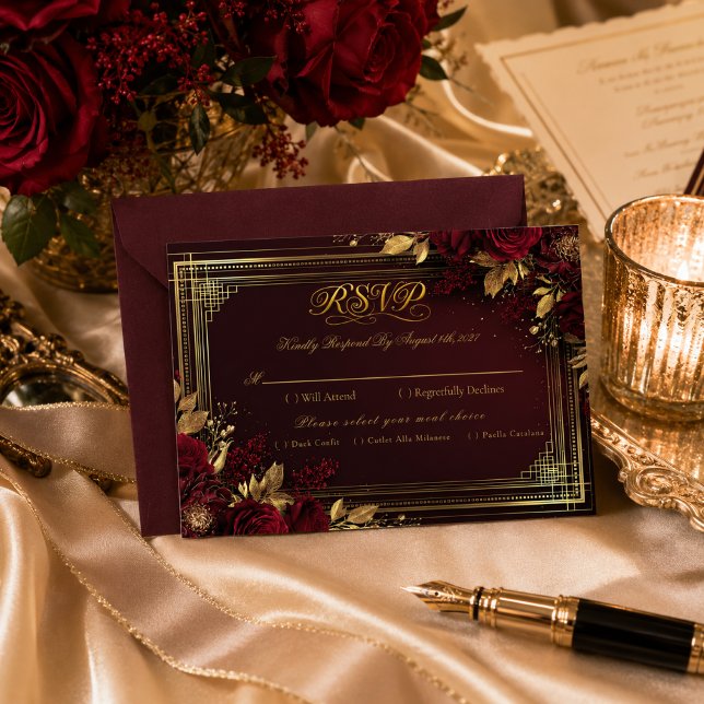 Réponse de Mariage Luxueuse Rose Bourgogne Or (Luxurious RSVP Flamenco Collection/ For Your Most Romantic Day)