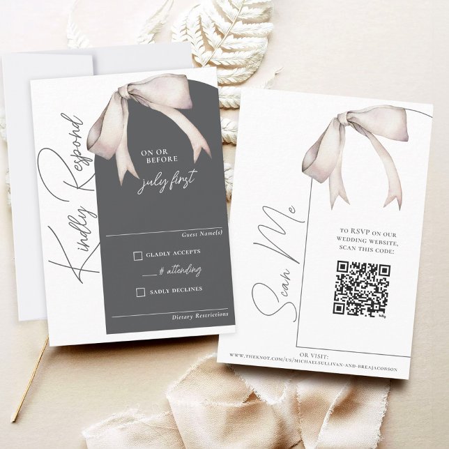 Réponse de mariage moderne à l'arc avec aquarelle  (Elegant modern floppy white watercolor coquette bow charcoal gray arch wedding QR code RSVP card)