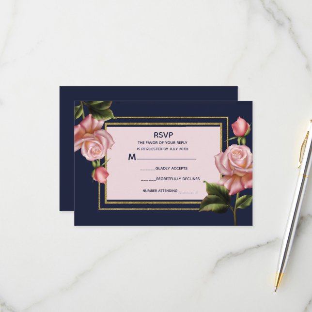 Réponse de mariage moderne Roses roses Bleu marine (Devant/Arrière en situation)