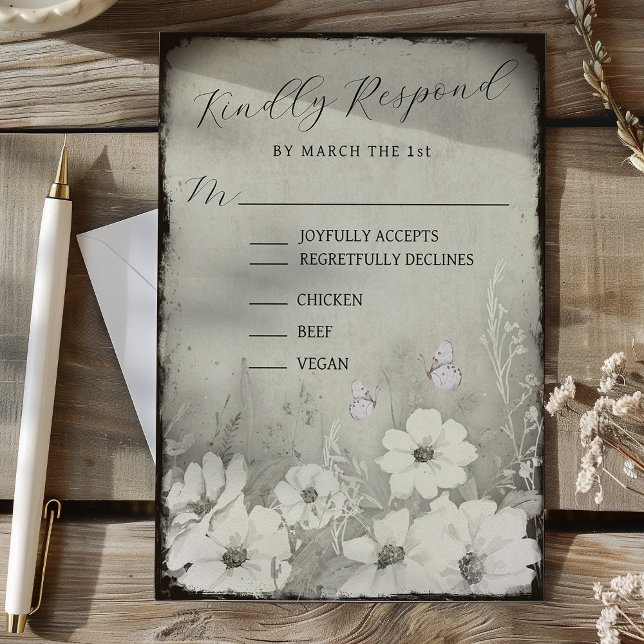 Réponse de mariage papillon sauvage rustique sépia (Sepia Rustic Butterfly Wildflower Wedding RSVP)