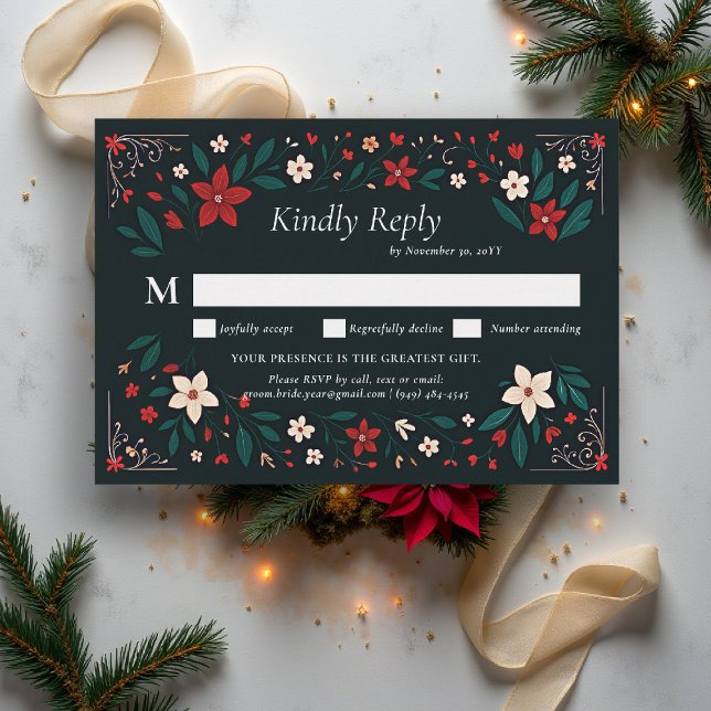 Réponse de mariage rouge élégant rustique mexicain (mexican wedding rsvp reply christmas theme floral botanical frame poinsettias red white black)