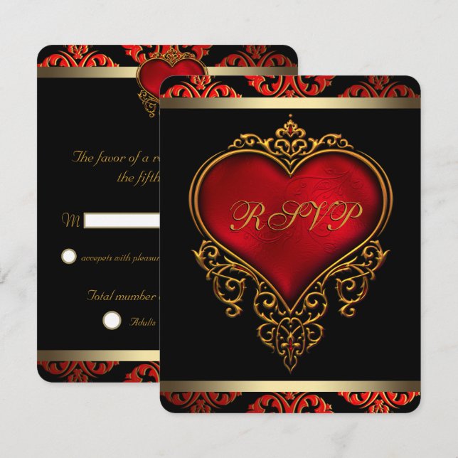 Réponse de mariage rouge, noir et or Invitation (Devant / Derrière)