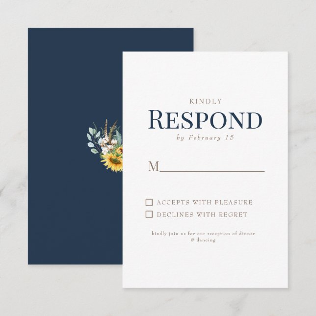 Réponse de Mariage Tournesol Or & Texte Marine (Devant / Derrière)