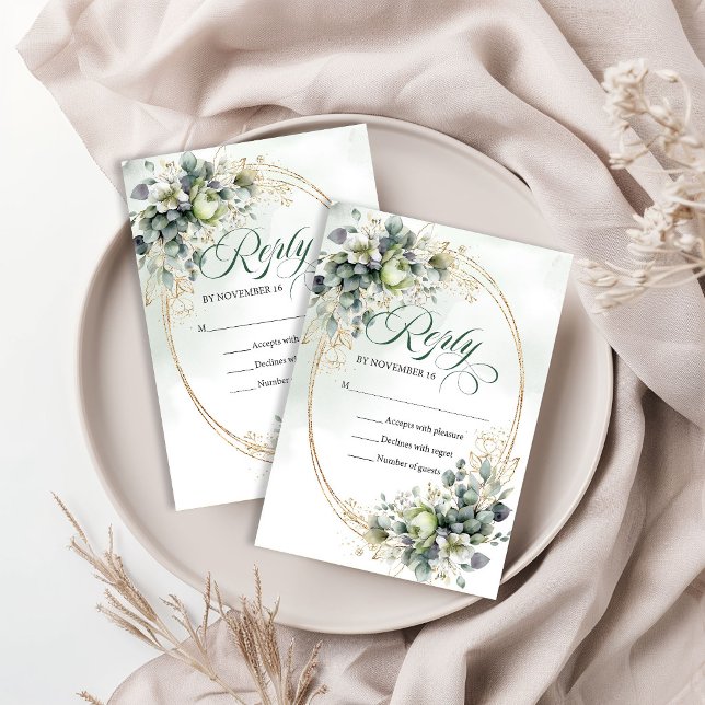 Réponse de mariage vert botanique poussiéreux or  (Dusty Green Botanical Green Gold Wedding Reply RSVP Card)