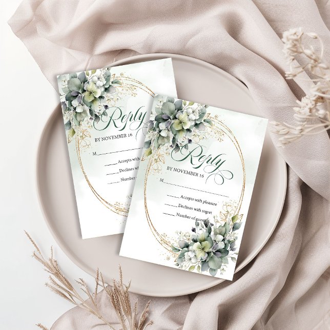 Réponse de mariage Vert doré aquarelle vert poussi (Greenery Gold Watercolor Dusty Green Wedding RSVP)