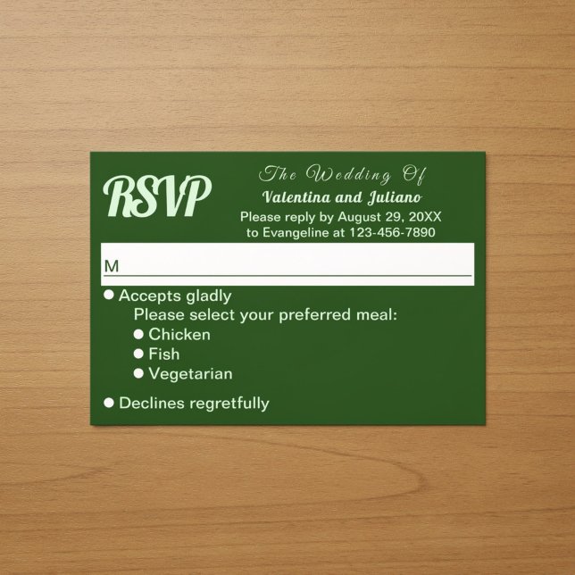 Réponse de mariage vert foncé minimaliste (Typography style minimalist dark green wedding RSVP card)