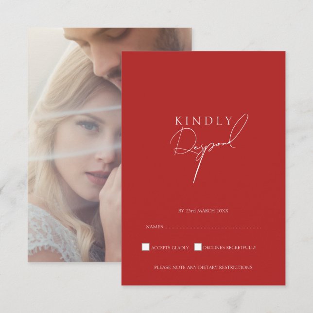 Réponse de RSVP de mariage au script rouge minimal (Devant / Derrière)