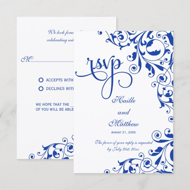 Réponse de style royal bleu avec volutes RSVP (Devant / Derrière)
