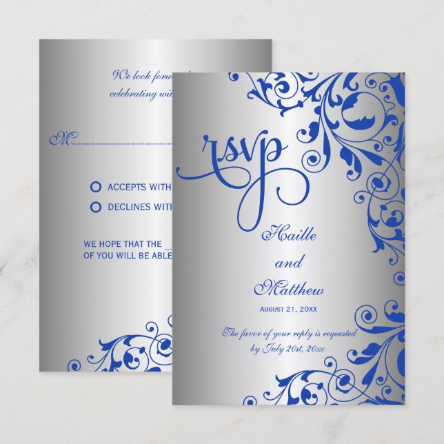 Réponse de style royal bleu et argenté RSVP (Devant / Derrière)