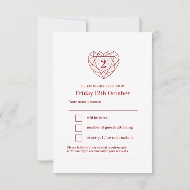 Réponse du coeur du grenat 2e anniversaire RSVP (Devant)