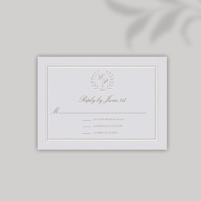 Réponse du Mariage d'Ancres nautiques embarqué Fau (nautical wedding RSVP modern classic formal traditional faux embossed anchor crest monograms)