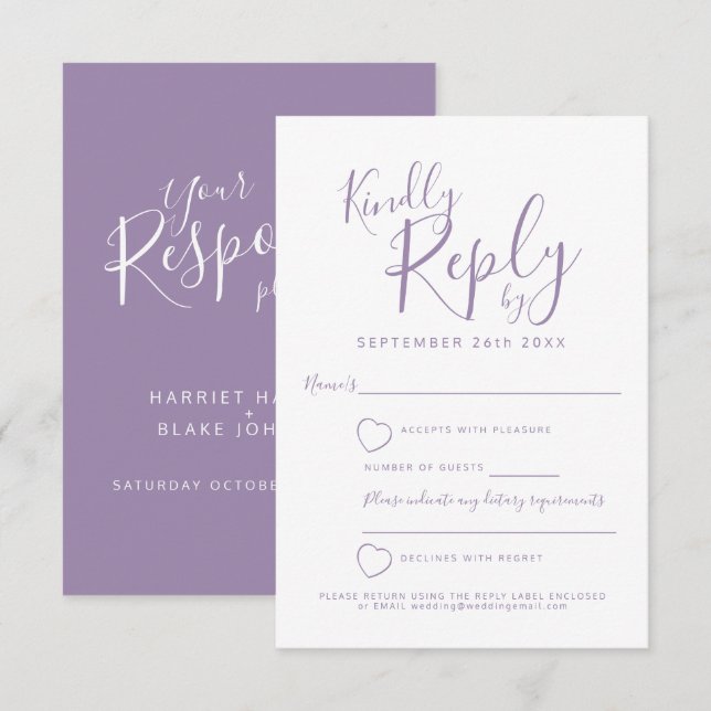 Réponse du mariage de coeur blanc et violet RSVP (Devant / Derrière)