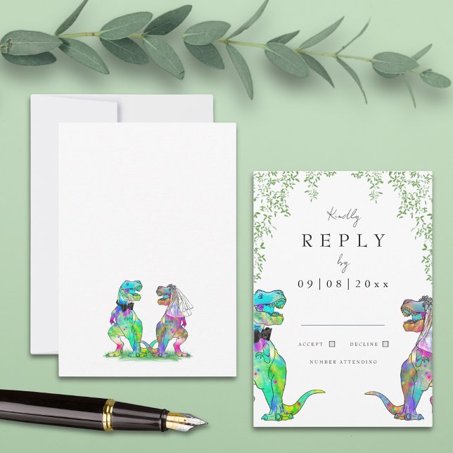 Réponse du Mariage de Dinosaure Botanique (Colorful dinosaur wedding invitation rsvp enclosure card with watercolor foliage )