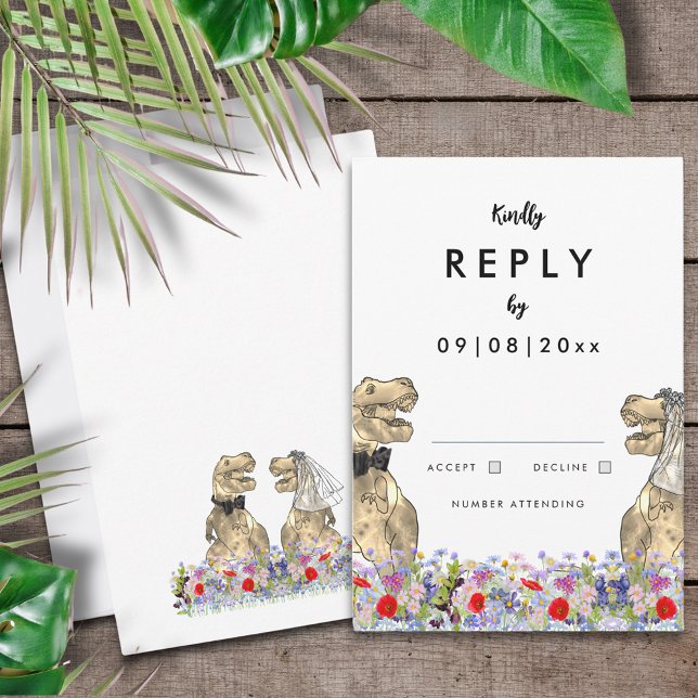 Réponse du Mariage de thème Dinosaur (T-Rex bride and groom fun dinosaur wedding reply enclosure card)