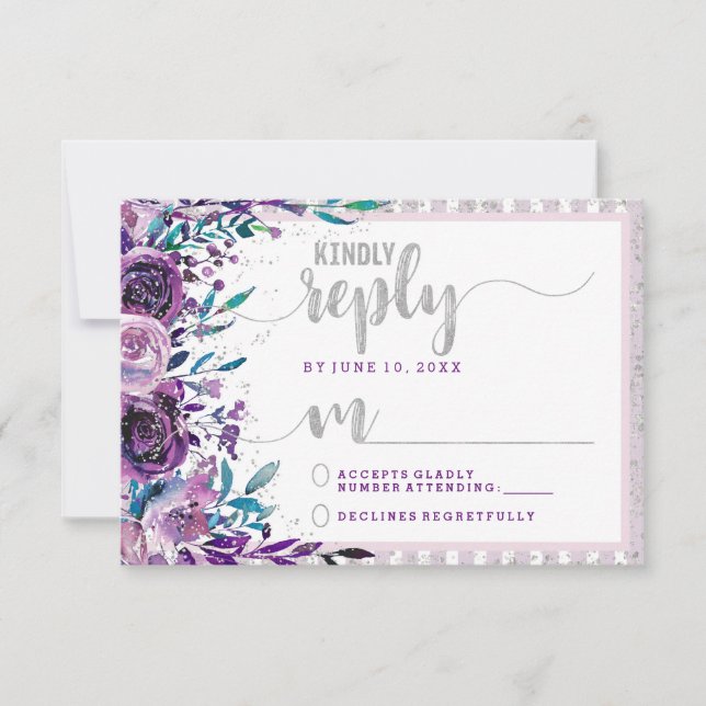 Réponse du Mariage Floral et Argent violet RSVP (Devant)