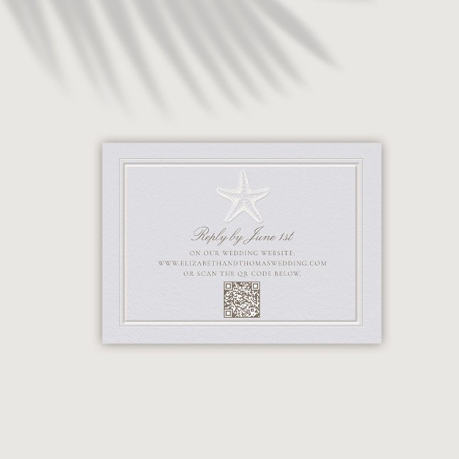 Réponse du Mariage QR côtier de poisson étoilé emb (coastal wedding qr rsvp respond reply classic formal traditional frame faux embossed starfish nautic)