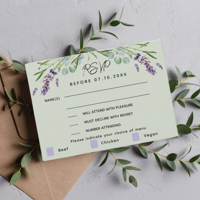Réponse du menu mariage vert Lavender carte RSVP (Créateur téléchargé)