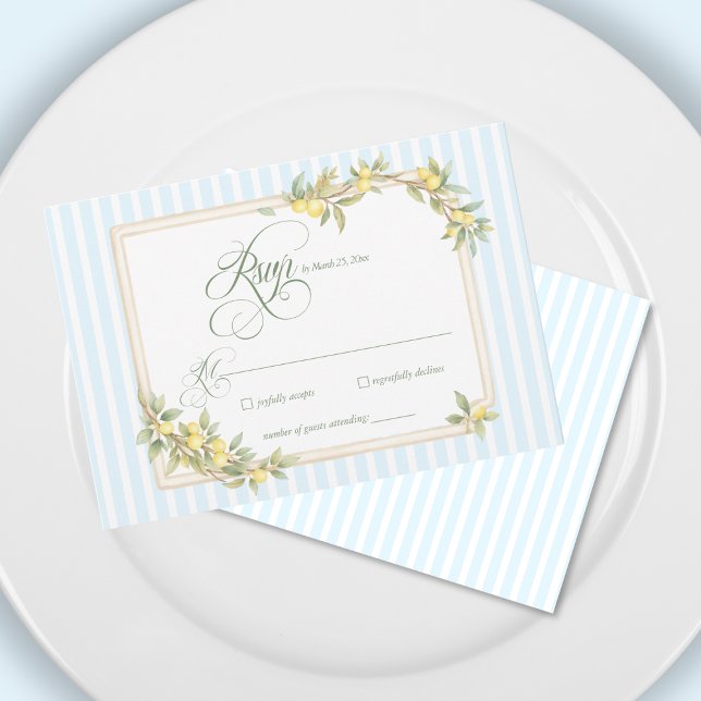 Réponse pour mariage à thème de rayure côtière de  (elegant mediterranean lemon coastal pale blue stripe wedding invitation rsvp card)