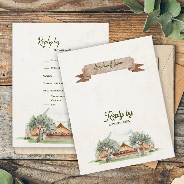 Réponse pour mariage de camping en tente aquarelle (Boho Outdoor Tent Wedding RSVP Card | Rustic Watercolor Camp Wedding Reply Card)