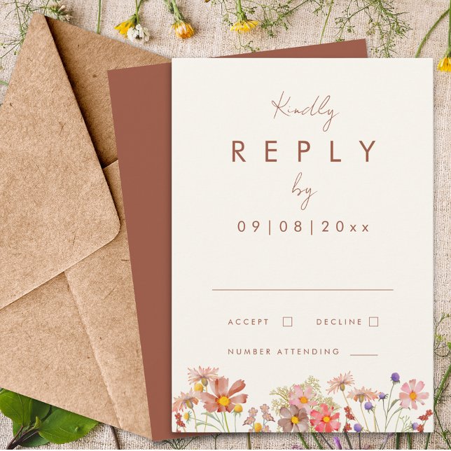 Réponse pour un mariage automnal aux couleurs de f (Boho wildflower terracotta burnt orange fall wedding invitation reply enclosure card)