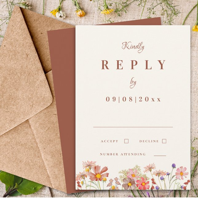 Réponse pour un mariage d'automne aux couleurs de  (Wildflower burnt Orange terracotta fall wedding reply enclosure card)