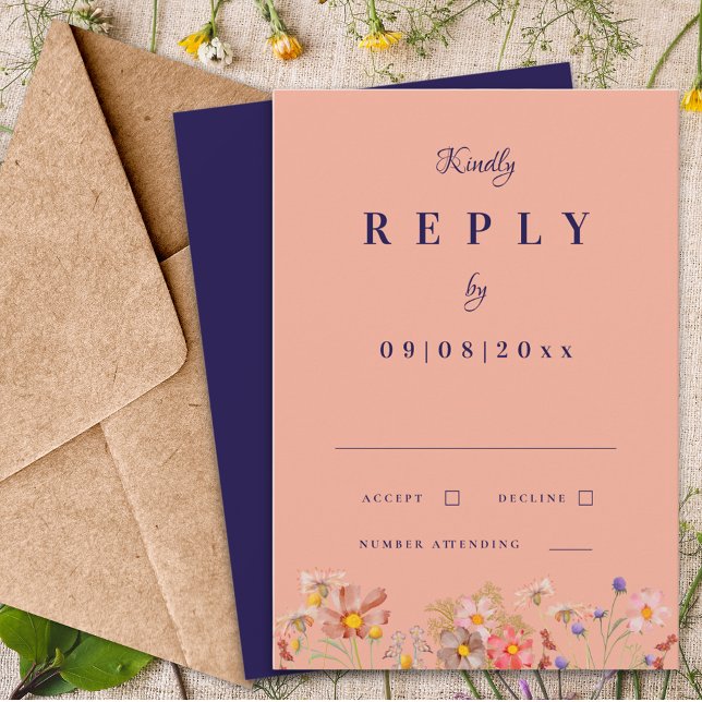 Réponse pour un mariage d'automne avec une marine  (Wildflower navy blue terracotta burnt orange peach fall wedding invitation reply rsvp enclosure card)