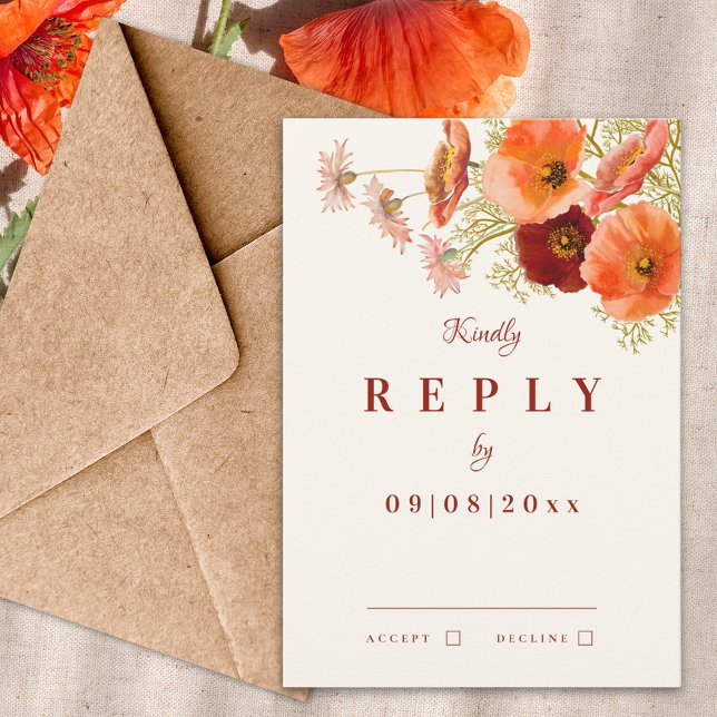 Réponse pour un mariage d'automne bohème avec des  (Modern wildflower boho fall wedding invitation reply with watercolor orange florals a elegant script)