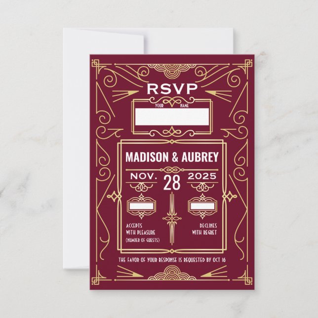 Réponse RSVP Art Déco Mariage Gold Burgundy (Devant)