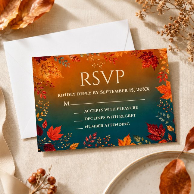 Réponse RSVP automne rustique sarcelle et feuilles (Créateur téléchargé)