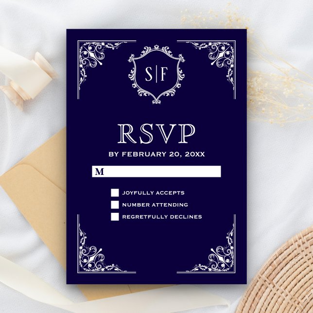 Réponse RSVP Bleu Minuit Ornée Monogramme (Créateur téléchargé)