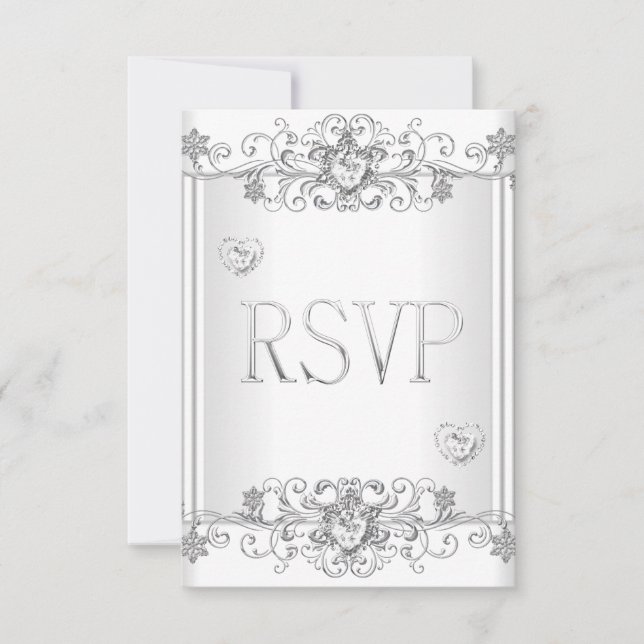 Réponse RSVP Cœurs Diamant Blanc Argenté 2 (Devant)