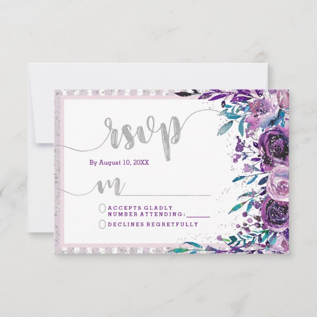 Réponse RSVP de Mariage Floral et Argent Violet (Devant)