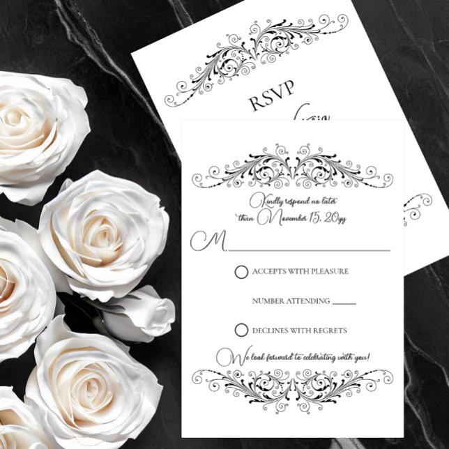 Réponse RSVP Élégance Floraison Noir et Blanc (Black and White Flourish Elegance RSVP card to let your guests respond to your wedding invitation.)