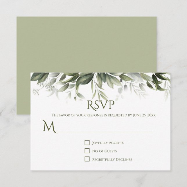 Réponse RSVP Elegant Greenery - Vert olive clair (Devant / Derrière)