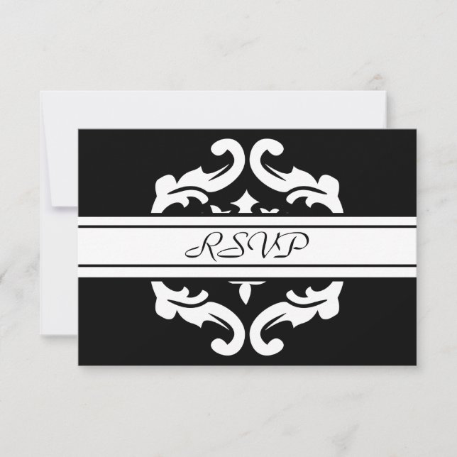 Réponse RSVP en damassé noir et blanc élégant (Devant)