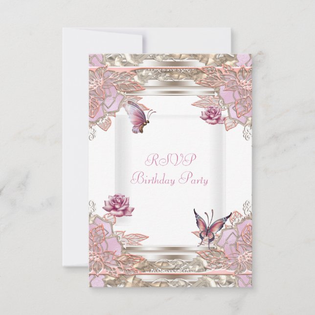 Réponse RSVP Fête Rose Rose Blanche Papillon (Devant)