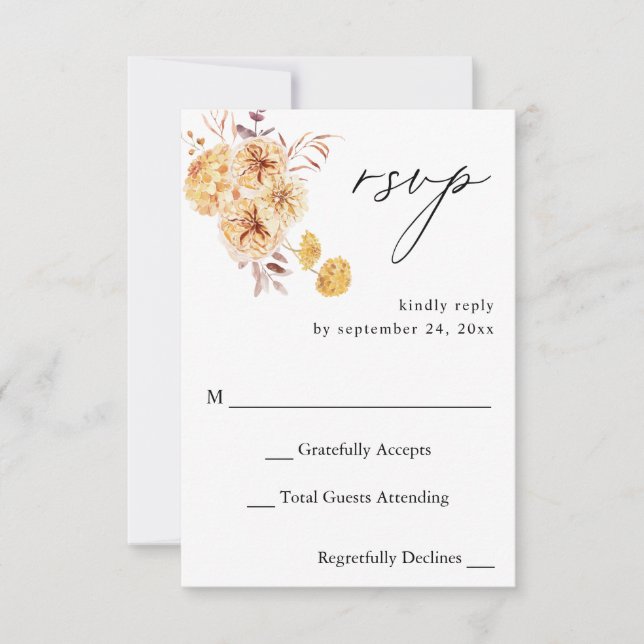 Réponse RSVP Fleur Florale Jaune Doré sans Repas (Devant)