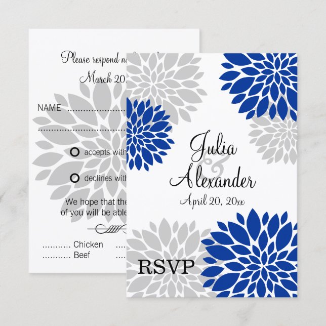 Réponse RSVP Fleurs Royal Bleu et Gris Argent (Devant / Derrière)