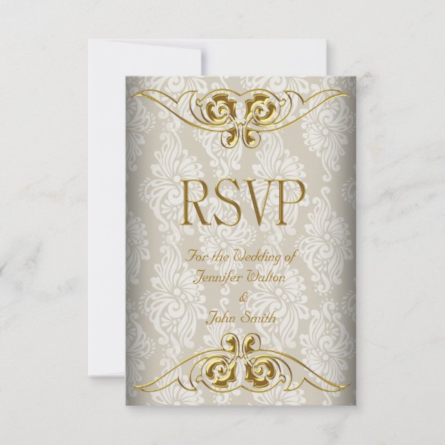 Réponse RSVP Mariage Beige Or Damassé (Devant)