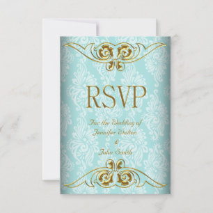 Réponse RSVP Mariage Damassé Bleu Sarcelle Or