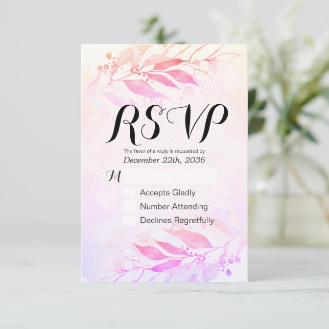 Réponse RSVP mariage feuille aquarelle magenta Rép (Debout devant)