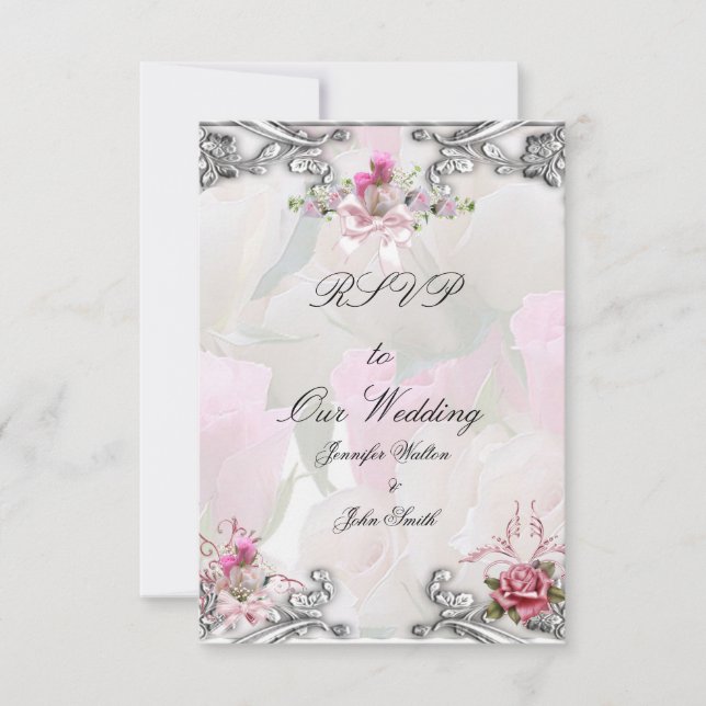 Réponse RSVP Mariage Rose Rose Pâle Argenté Blanc (Devant)