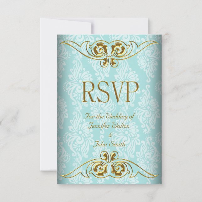 Réponse RSVP Mariage Turquoise Blue Gold Damas (Devant)