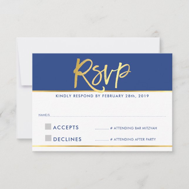 Réponse RSVP papier doré moderne et glamour bleu r (Devant)